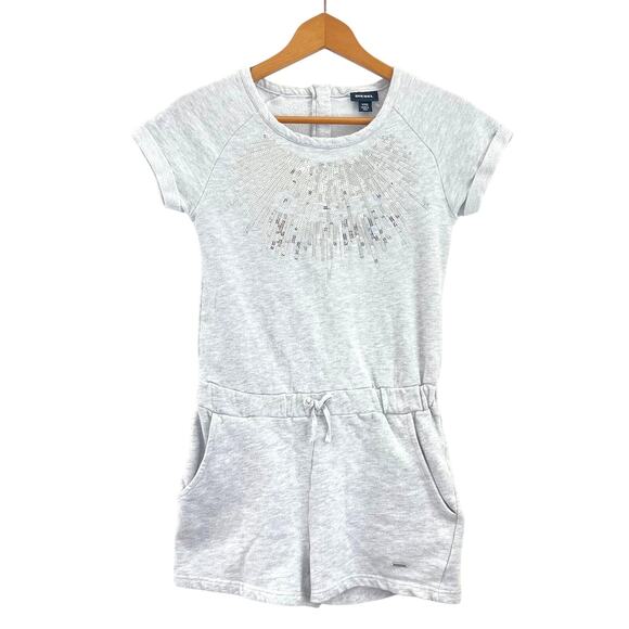 Diesel Girls Grey Sequin Logo Romper One-Piece Shorts Size Large 12 Short Sleeve - Picture 1 of 10
